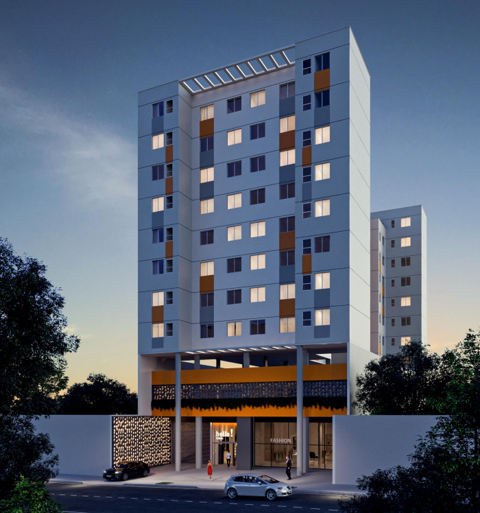 A imagem destaca a fachada contemporânea do Hello! Residence, um dos empreendimentos da Z!P em uma das regiões mais tradicionais e valorizadas da capital mineira. Fachada do edifício Hello! Residence em Belo Horizonte.
