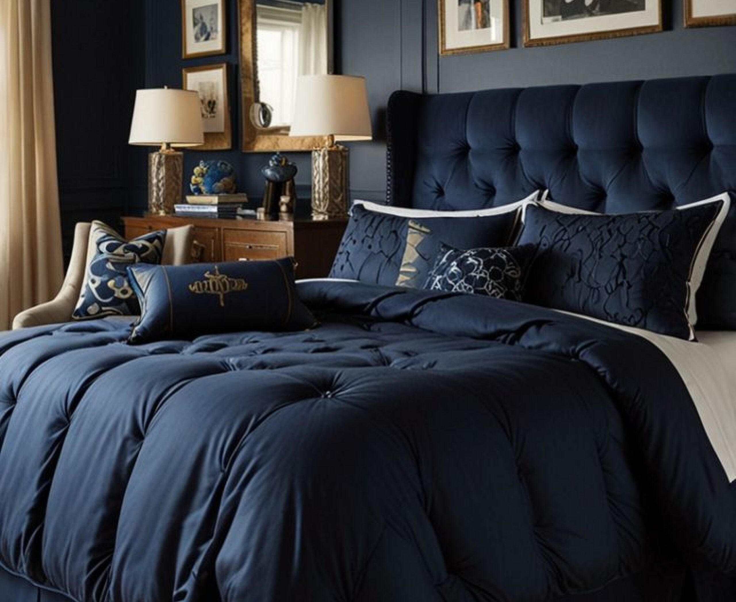 Quarto de casal com parede azul escuro na cabeceira, móveis em tons amadeirados e iluminação suave. Quarto de casal com parede azul escuro na cabeceira, móveis em tons amadeirados e iluminação suave.