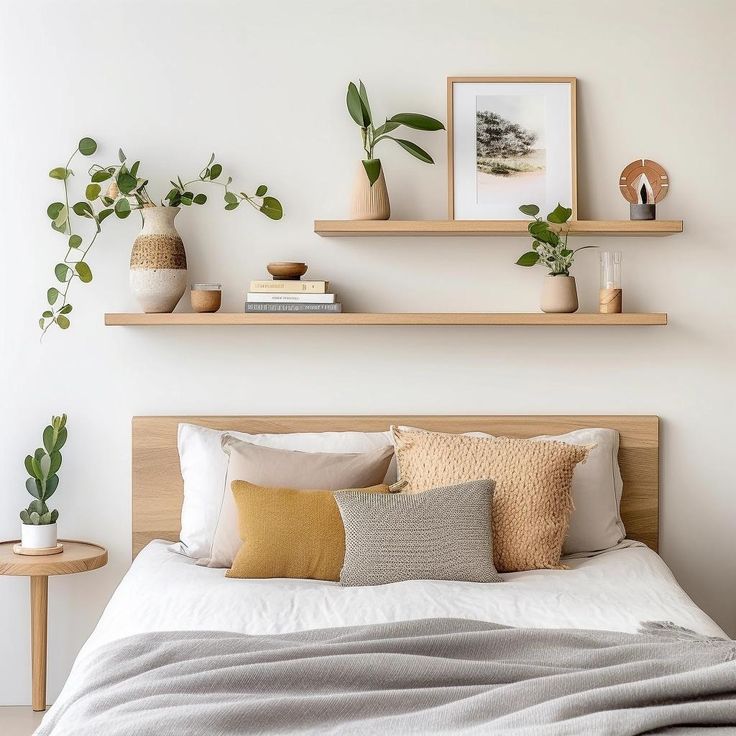 Prateleiras brancas decoradas com livros, plantas e objetos, instaladas sobre a cama em quarto compacto. Prateleiras brancas decoradas com livros, plantas e objetos, instaladas sobre a cama em quarto compacto.
