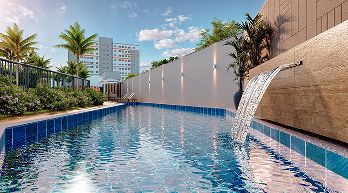 Perspectiva artística da piscina do empreendimento Raízes