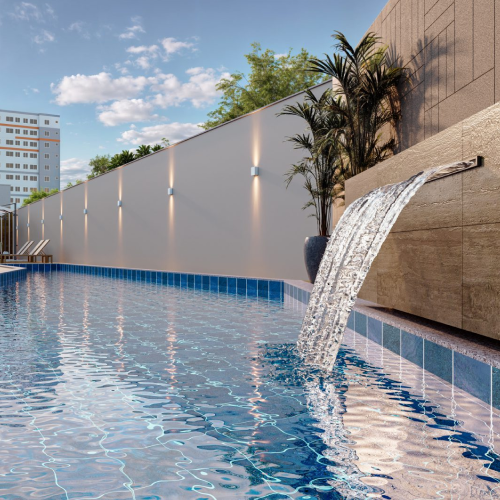 Perspectiva artística da piscina do Raízes Residence.
